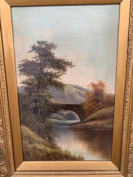 SMALL VERTICAL OIL PAINTING OF BRIDGE IN GOLD FRAME