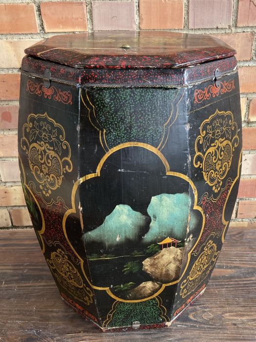 OCTAGONAL PAINTED TALL LIDDED ASIAN WOODEN BOX - AS IS