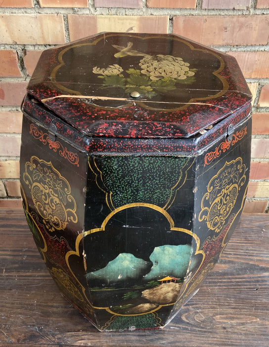 OCTAGONAL PAINTED TALL LIDDED ASIAN WOODEN BOX - AS IS