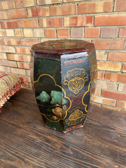 OCTAGONAL PAINTED TALL LIDDED ASIAN WOODEN BOX - AS IS