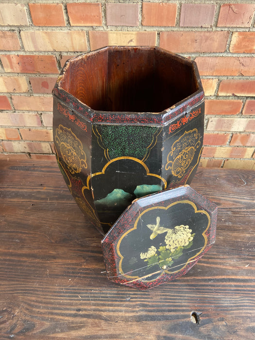 OCTAGONAL PAINTED TALL LIDDED ASIAN WOODEN BOX - AS IS