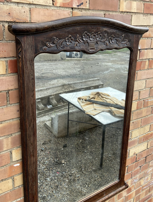 FRENCH ARCHED ELMED CARVED BASKET OF FLOWERS VERTICAL MIRROR