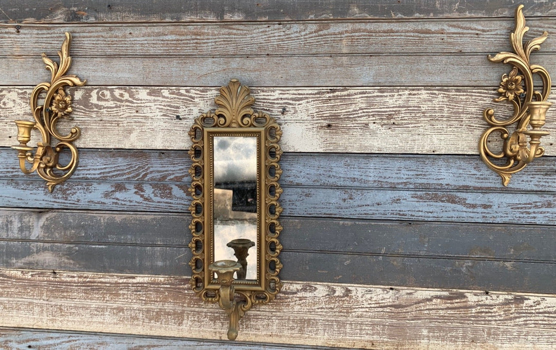 3 PIECE SET OF SMALL VINTAGE GOLD MIRROR AND SIDE SCONCES
