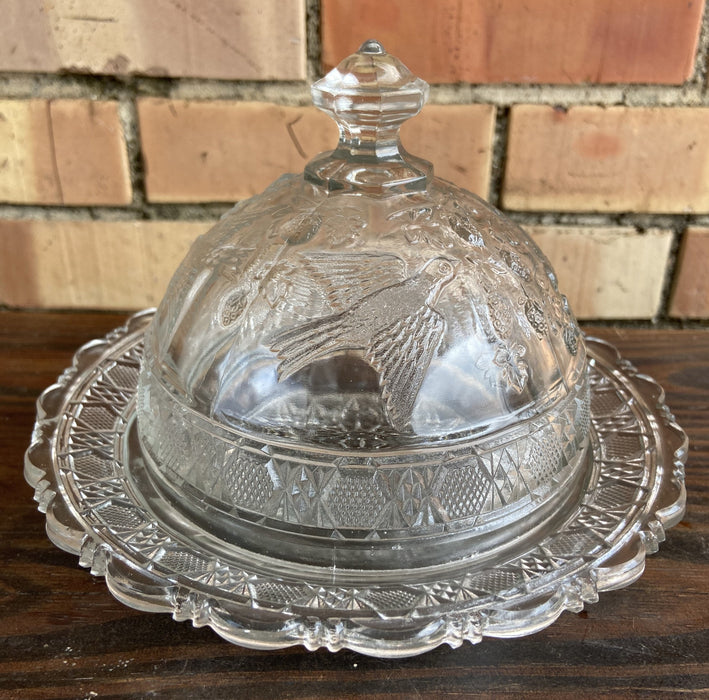 PATTERN GLASS BUTTER DISH WITH BIRDS