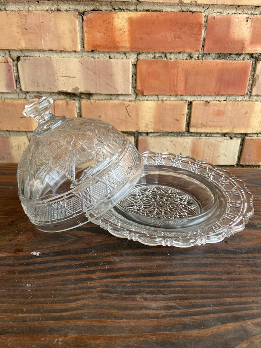 PATTERN GLASS BUTTER DISH WITH BIRDS