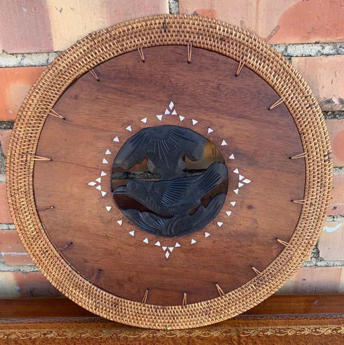 RATTAN RIM INLAID BIRD PLAQUE WITH MOTHER OF PEARL