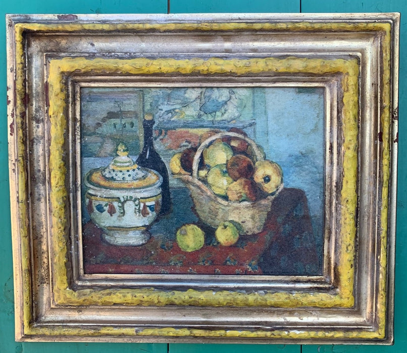 FRUIT STILL LIFE OIL PAINTING IN FRAME WITH YELLOW BORDER