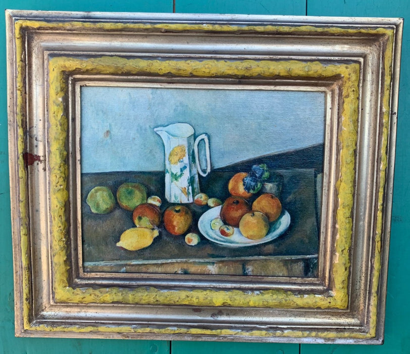 FRUIT STILL LIFE OIL PAINTING IN FRAME WITH YELLOW BORDER