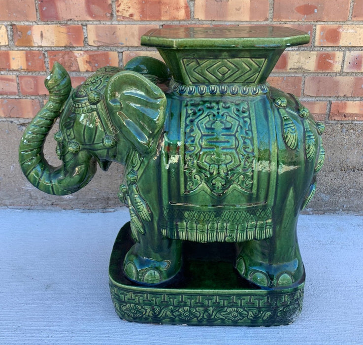 GREEN GLAZED ELEPHANT POTTERY GARDEN STOOL