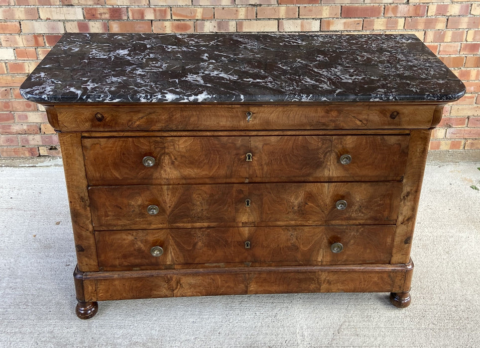 LOUIS PHILIPPE MARBLE TOP WALNUT COMMODE-REPAIRED MARBLE - REPAIRED MARBLE