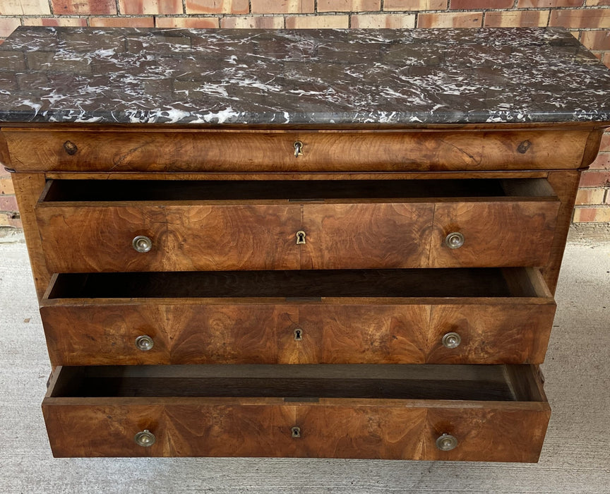 LOUIS PHILIPPE MARBLE TOP WALNUT COMMODE-REPAIRED MARBLE - REPAIRED MARBLE