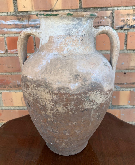 OLD TERRA COTTA OLIVE JAR WITH GREEN FAIENCE
