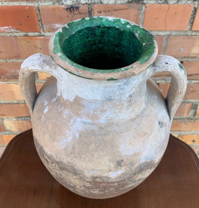 OLD TERRA COTTA OLIVE JAR WITH GREEN FAIENCE