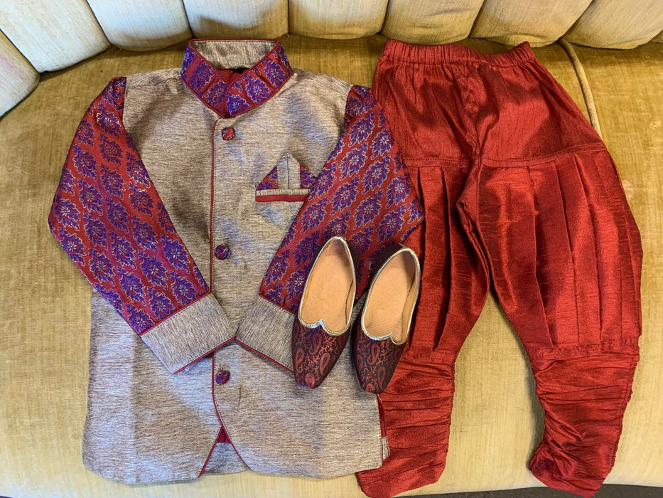 CHILD'S ORNATE SILK RED JACKET AND TROUSERS WITH SHOES