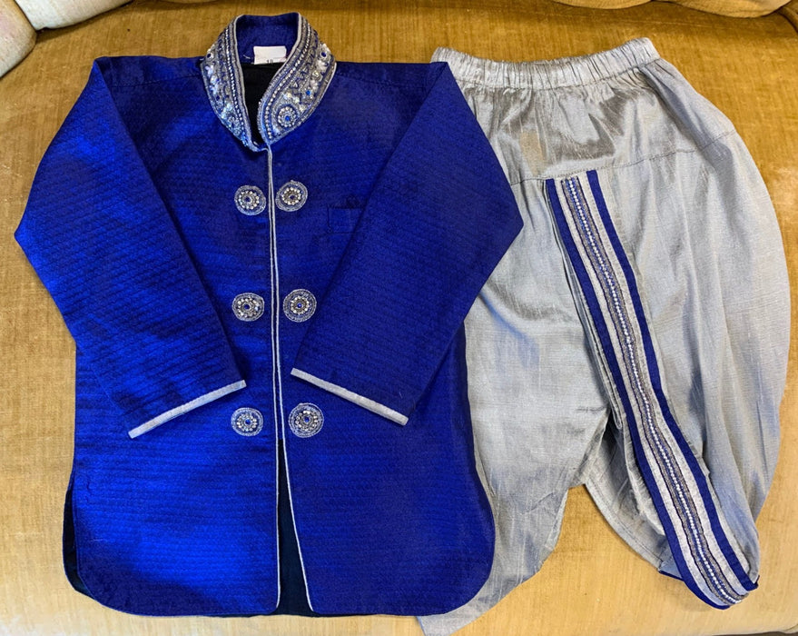 CHILD'S ORNATE SILK BLUE JACKET AND TROUSERS - AS FOUND