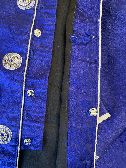 CHILD'S ORNATE SILK BLUE JACKET AND TROUSERS - AS FOUND