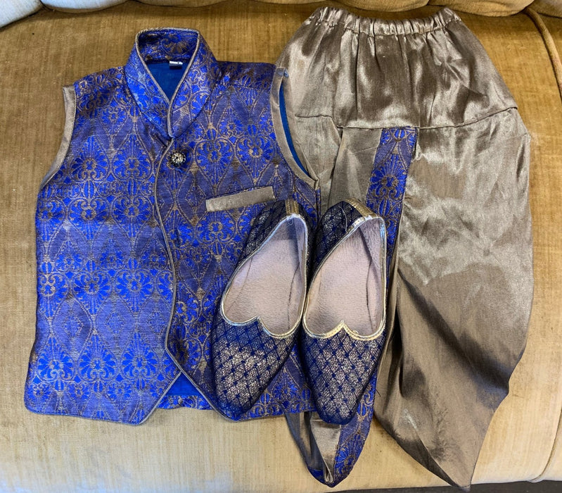 CHILD'S ORNATE SILK BLUE VEST AND TROUSERS WITH SHOES
