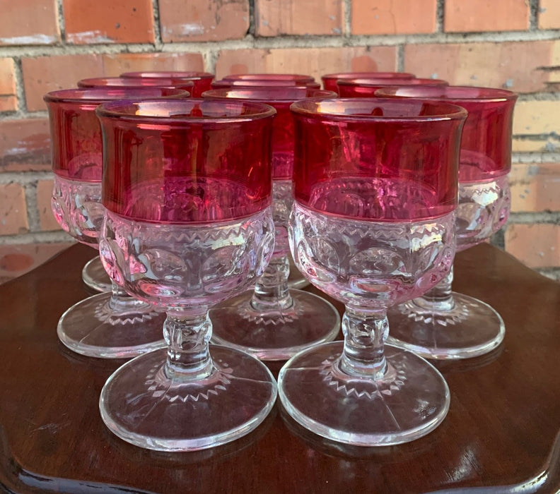 SET OF 11 CRANBERRY RIM CLEAR THUMBPRINT GLASS GOBLETS