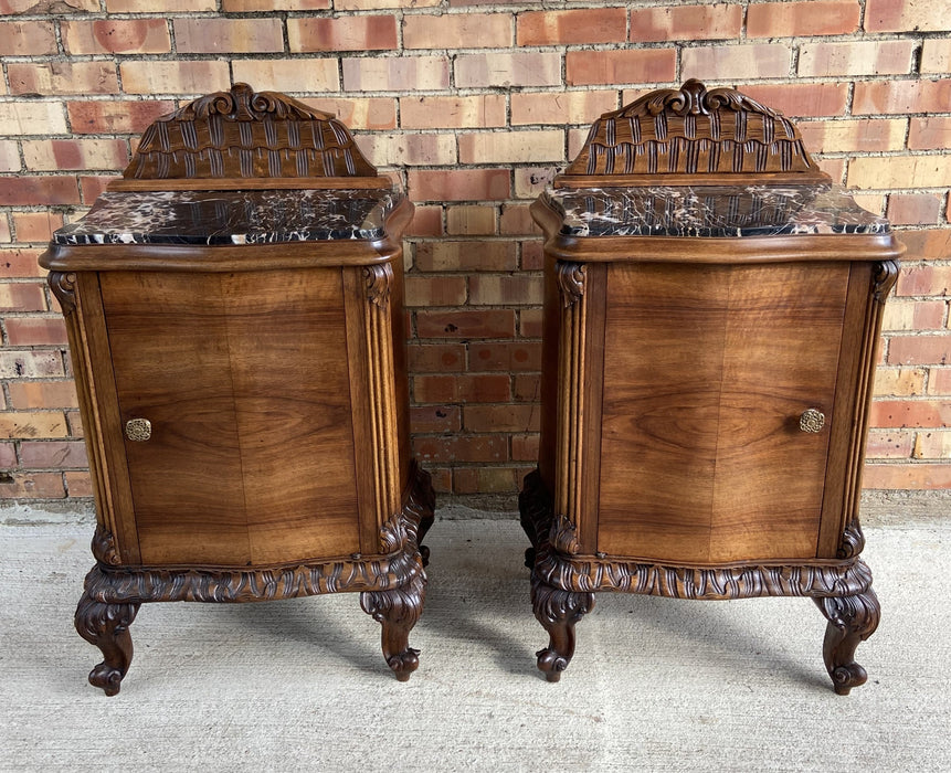 PAIR OF ITALIAN MARBLE TOP WALNUT SIDE CABINETS