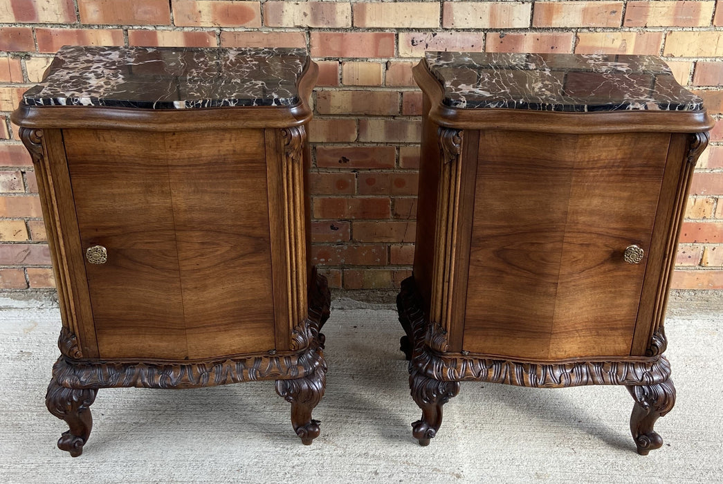 PAIR OF ITALIAN MARBLE TOP WALNUT SIDE CABINETS