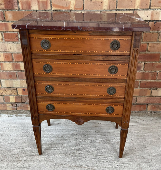 INLAID LOUIS XVI MARBLE TOP MAHOGANY CHEST