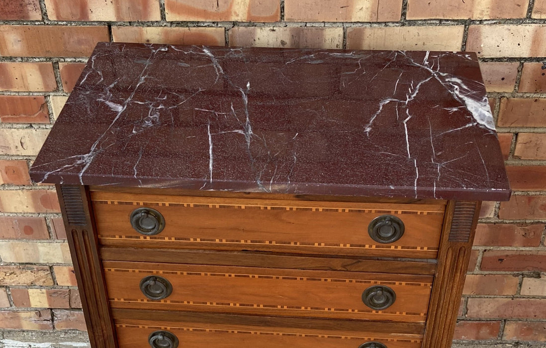 INLAID LOUIS XVI MARBLE TOP MAHOGANY CHEST