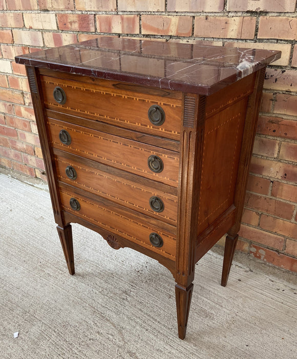 INLAID LOUIS XVI MARBLE TOP MAHOGANY CHEST