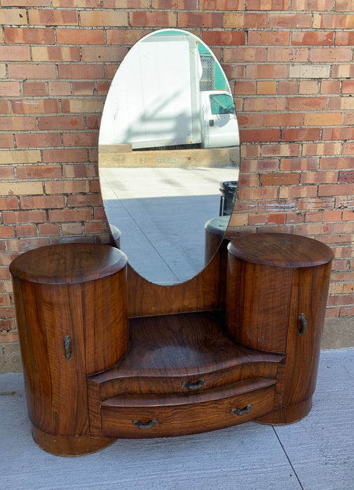 ART DECO WALNUT VANITY WITH OVAL MIRROR