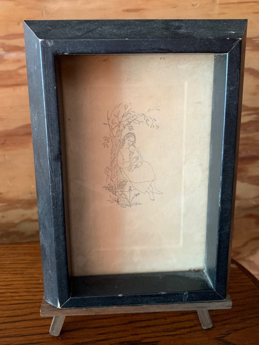 LITHOGRAPH OF WOMAN AND BABY ON STAND