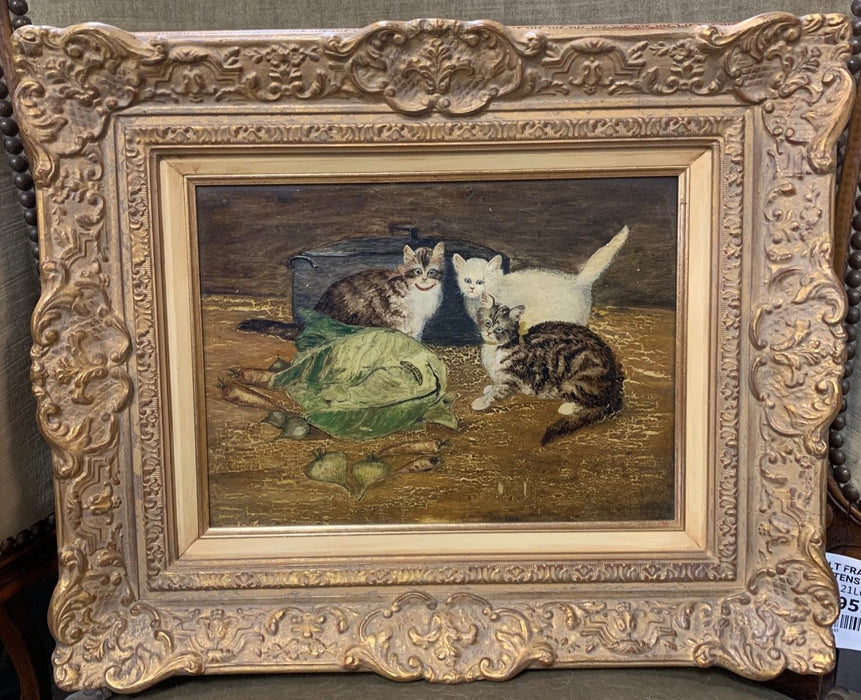 GILT FRAMED WHIMSICAL KITTENS PAINTING