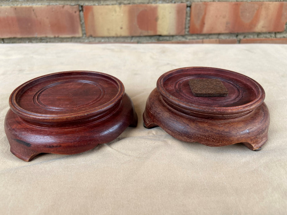 PAIR OF TINY  ROUND MAHOGANY ASIAN PIERCE CARVED STANDS