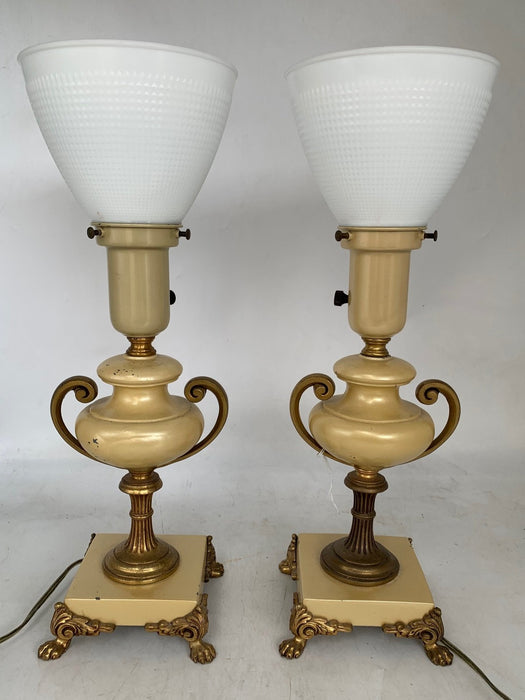PAIR OF GOLD TOLE BEDROOM LAMPS WITH MILK GLASS SHADES