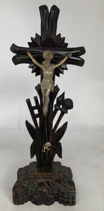 BLACK FORREST CARVED WOOD AND SPELTER CRUCIFIX
