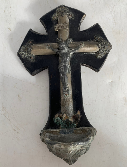 EBONIZED WOOD AND SPELTER HOLY WATER FONT