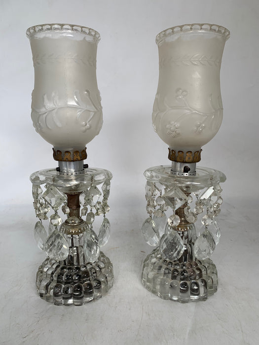 PAIR OF ELECTRIFIED PRESSED GLASS LAMPS WITH CRUSTAL LUSTERS