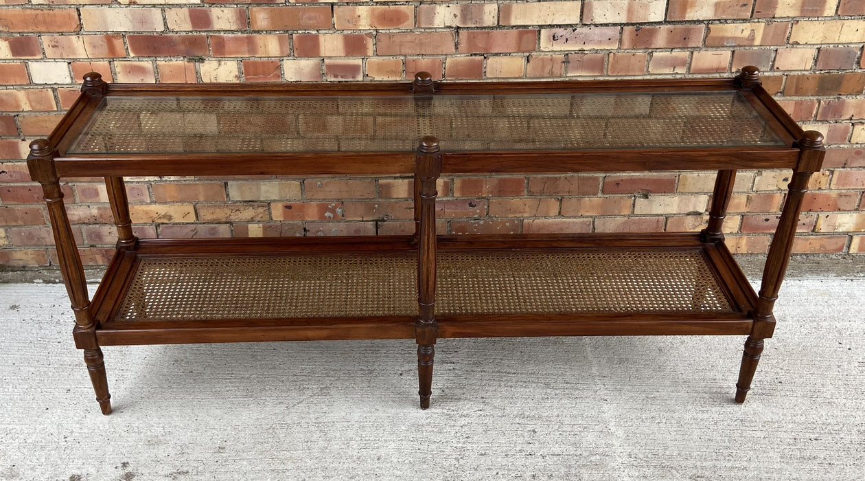 MIDCENTURY CANED GLASS TOP SOFA TABLE