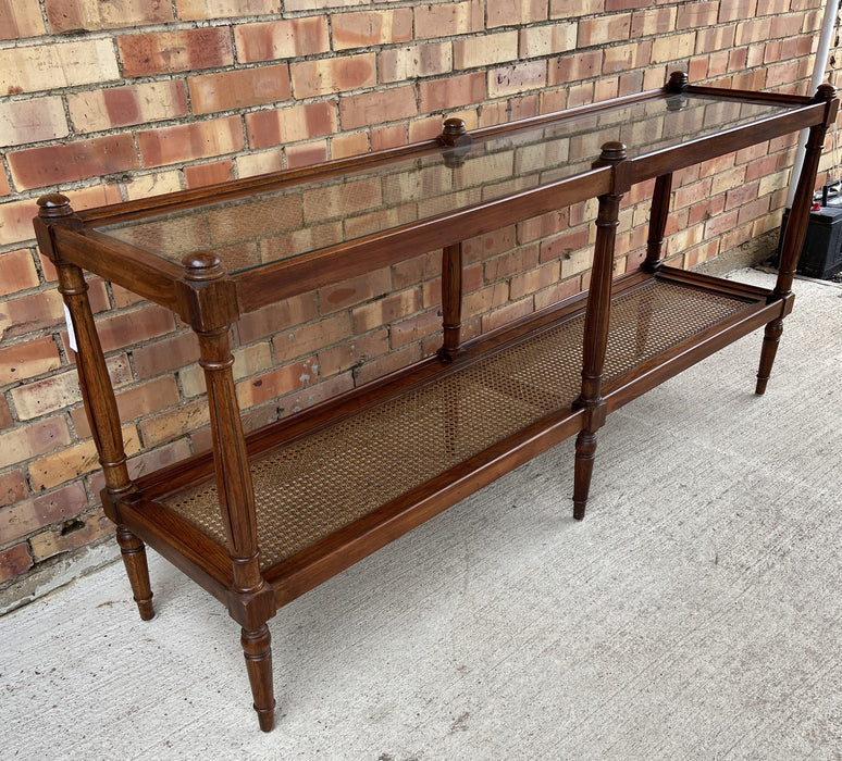 MIDCENTURY CANED GLASS TOP SOFA TABLE