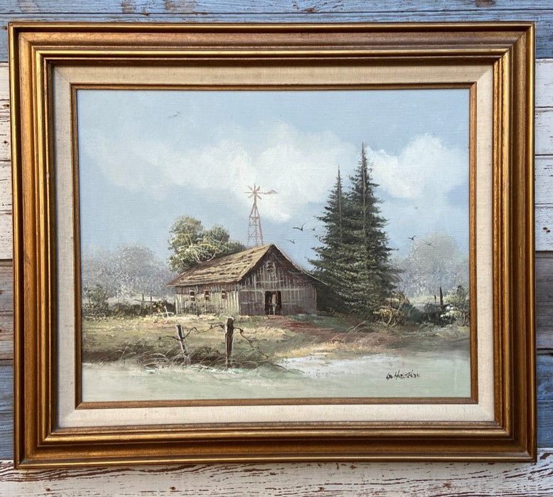 OLD BARN WITH WINDMILL AND PINE TREES PAINTING