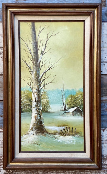 LONELY CABIN WINTER SCENE OIL PAINTING