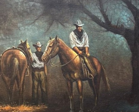 TWIN COWBOYS AT NIGHT OIL PAINTING