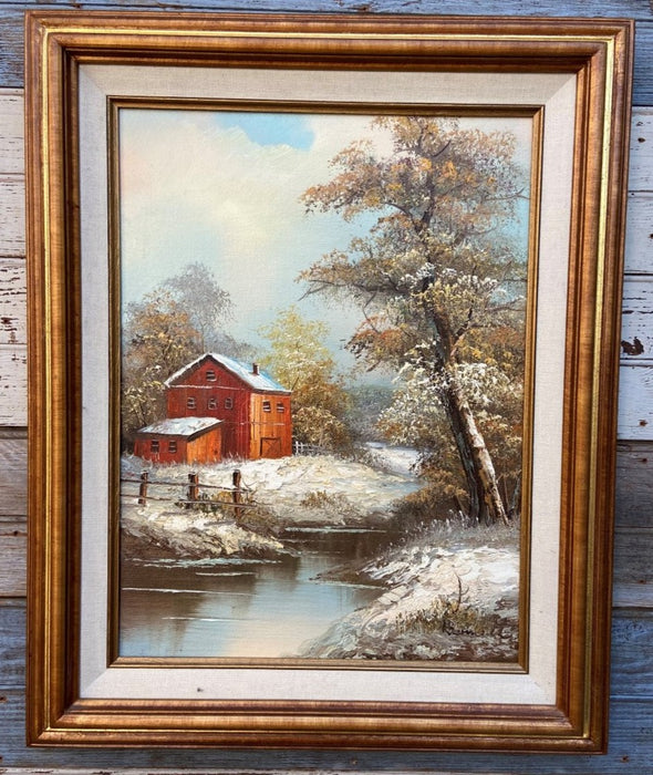RED BARN IN THE SNOW OIL PAINTING