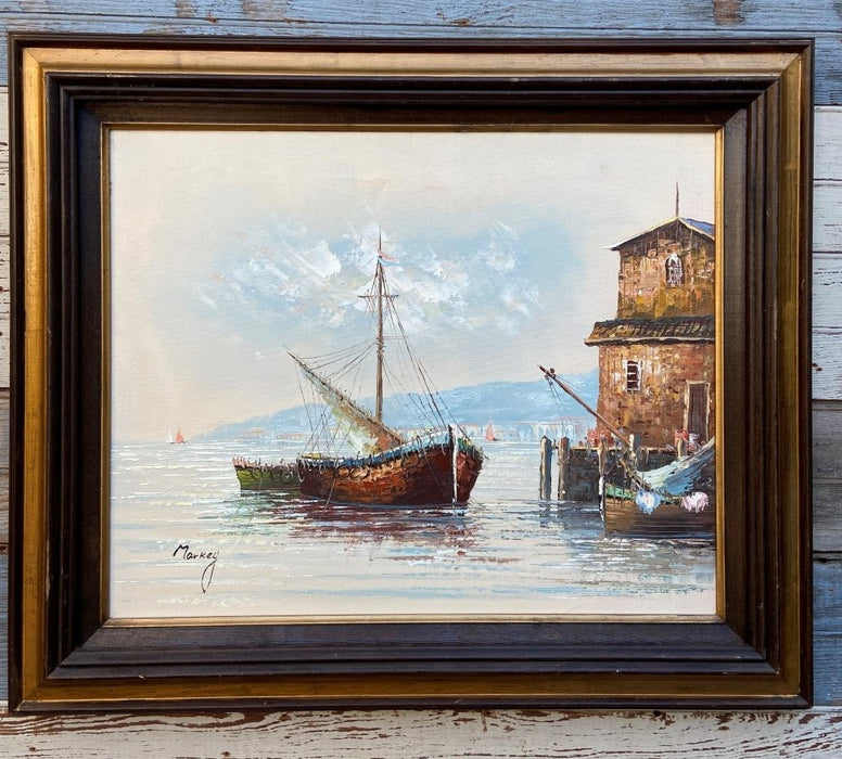 OIL PAINTING OF SAILBOAT IN HARBOR BY MARKAY