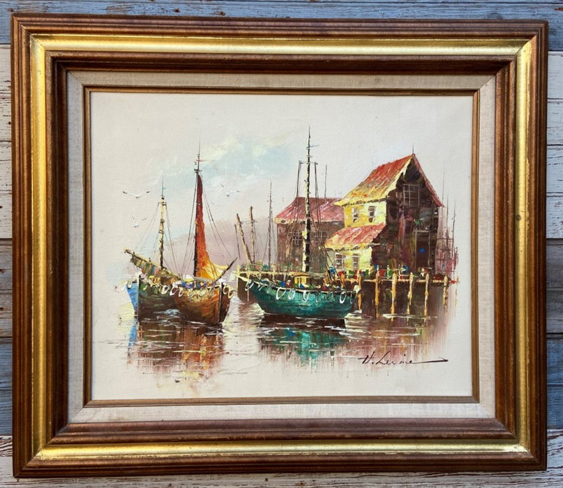 COLORFUL SAILBOATS IN HARBOR OIL PAINTING