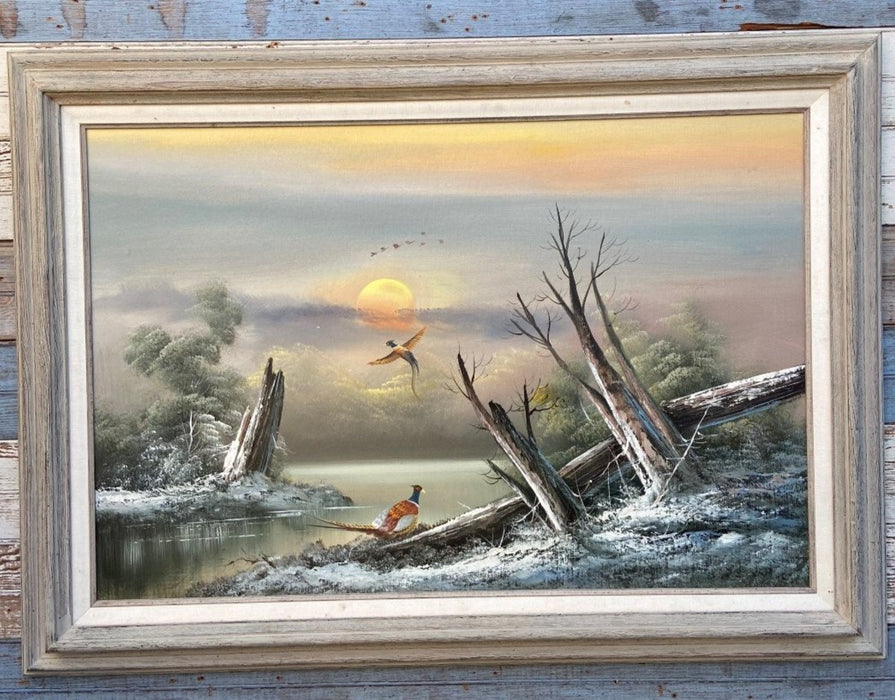 SUNSET ON LAKE WITH PHEASANTS OIL PAINTING