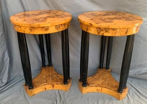 PAIR OF ROUND BURLED LAMP TABLES WITH COLUMNS