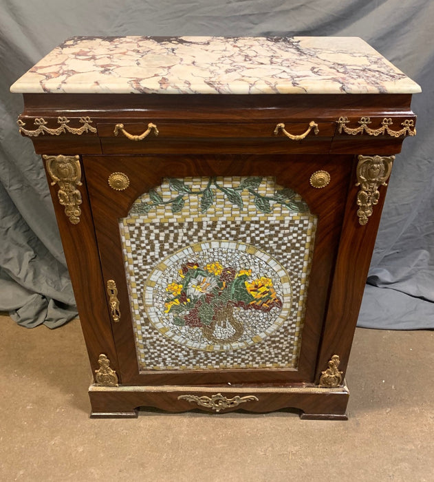 MARBLE TOP MOSAIC CONSOLE CABINET WITH ORMULU