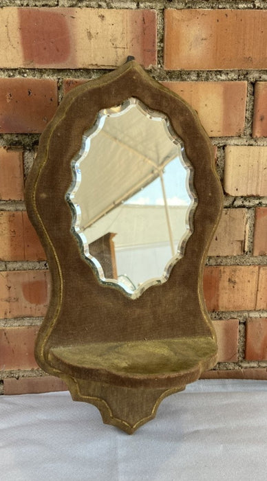 SMALL BEVELED MIRROR WITH GREEN FABRIC FRAME