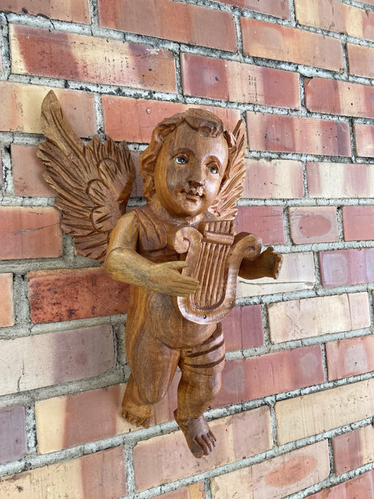 PAIR OF WALL HANGING WOOD ANGELS WITH INSTRUMENTS