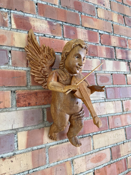 PAIR OF WALL HANGING WOOD ANGELS WITH INSTRUMENTS