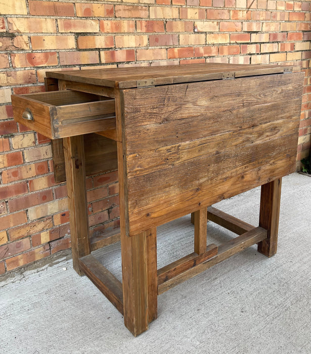 ANTIQUE TALL PINE DROP LEAF TABLE W/ DRAWERS